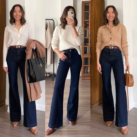 Flare Jeans And Shirt Outfit, Bootcut Jean Work Outfits, Relaxed Work Outfit Winter, Casual Sofisticated Outfits, Staple Work Outfits, Timeless Business Casual Women, Work Outfits Women Jeans Winter, Classic Jean Outfits For Women, Dark Denim Jeans Outfit Work