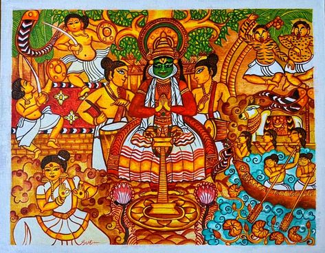 Kerala mural painting Kerala Painting, Cube Decor, Office Cube, Mural Art Design, Kerala House, Kerala Mural Painting, Indian Art Gallery, Spa Interior, Inspiration Painting