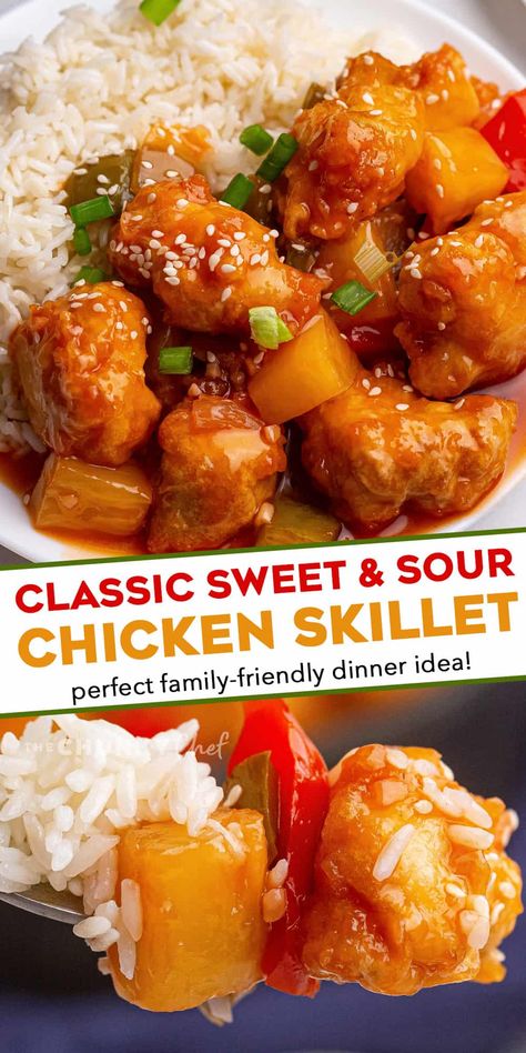 This Sweet and Sour Chicken Skillet is the perfect family dinner! Chicken is fried until crispy, added to a skillet with sautéed bell peppers, onions and pineapple, and tossed in an amazing takeout style sweet and sour sauce! #sweetandsour #chicken #chinese #takeout Dinner Recipes With Turkey, Recipes With Turkey Bacon, Sweat And Sour Chicken, Dinner Recipes Turkey, Family Dinner Chicken, Recipes With Turkey, Chicken Chinese, Resepi Ayam, Homemade Chinese Food