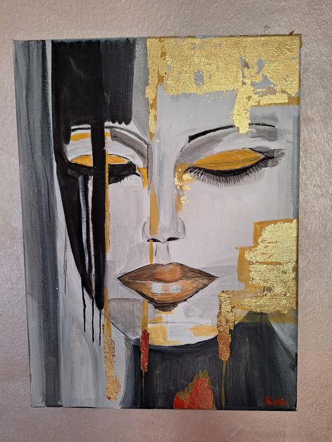 Abstract face. Acrylic on canvas. Painted on the edges Fill your walls to give character to your home. Hand painted, it is not a unique and original print Abstract Woman Painting Faces, Gold Leaf Portrait, Leaf Portrait, Silhouette Face, Face Abstract, Abstract Portrait Painting, Black Tones, Abstract Face Art, Abstract Face