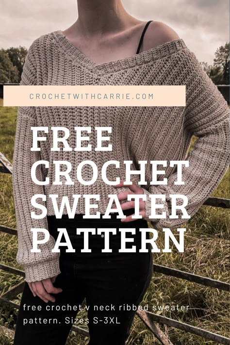 Free Womens Crochet Sweater Patterns, Slouchy Crochet Sweater Pattern, V Neck Crochet Sweater Pattern, Crochet Slouchy Sweater, V Neck Crochet Sweater, Long Crochet Sweater, Ribbed Sweater Pattern, Free Crochet Sweater, Crochet Sweater Pattern