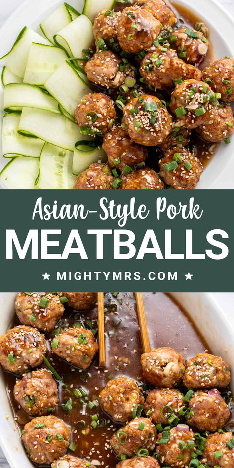 Asian-style homemade pork meatballs are seasoned with ginger and coated in a thick ginger-mirin glaze that's both salty and sweet. Pair with rice and a veggie for an easy healthy dinner or meal-prep lunch. This dish is anything, but boring. Amazing flavor and texture in every bite! Asian Style Meatballs, Asian Pork Meatballs, Traditional Asian Dish, Asian Pork, Prep Lunch, Pork Meatballs, Easy Healthy Dinner, Lunch Meal Prep, Easy Appetizer Recipes