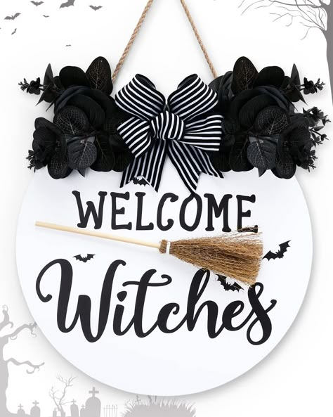 PRICES MAY VARY. Welcome Sign Size-Halloween "Welcome Witches" sign hanging comes(The rope is included) with a 3D Small Broomstick, measuring 12*12*0.4 inches.Striking house door wreath will attract and surprise your guests. Lovely Design - This wood door wreath with the cute pattern of a mini witch broom, bats, a black and white striped Ribbon, and black artificial leaves will capture all your trick-or-treaters' attentions,and brings to kids a horrible and interesting atmosphere to Halloween. H Witches Door, Welcome Witches, Indoor Outdoor Porch, Black Halloween Wreath, Wooden Wreath, Welcome Signs Front Door, Halloween Front Doors, Halloween Wood Crafts, Halloween Door Hangers