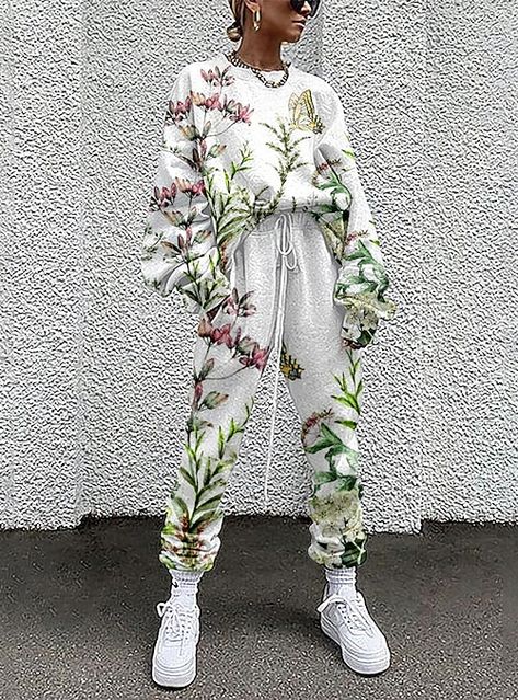 Basic Streetwear, Grass Pattern, Wavy Style, Tracksuit Pants, Basic Long Sleeve, Harajuku Fashion, Above Knee, Green And Purple, Print Tops