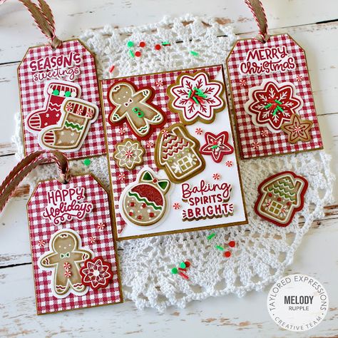 Handmade Embellishments For Cards, Christmas Cookie Card Ideas, Scrapbook Ideas Christmas, Gingerbread Tags, Christmas Tags Handmade, Frosted Gingerbread, Green And Red Christmas, Gingerbread Cards, Homemade Tags