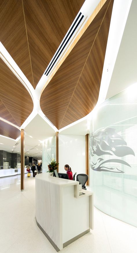 Virgin Lounge Melbourne :: Tonkin Zulaikha Greer Architects Architecture Ceiling, Virgin Australia, Ceiling Design Modern, Ceiling Detail, Ceiling Treatments, Lobby Interior, Hospital Design, Lobby Design, Healthcare Design