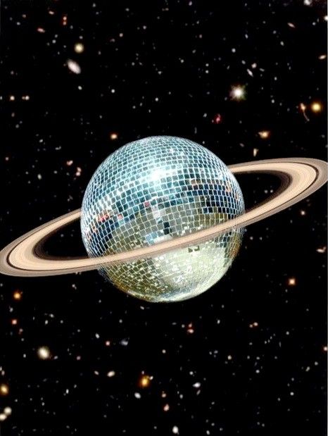 Planet Disco Ball, Light Space Aesthetic, Retro Space Background, Saturn Disco Ball, Space Oddity Aesthetic, Space Disco Aesthetic, Tropical Disco Aesthetic, Celestial Being Aesthetic, Space Party Aesthetic