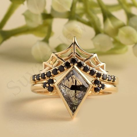 >Item Details:---- *Metal :-  925 Sterling Silver gem Stone:- Natural Black Rutile/ 7x10 mm > Gem stone :- 1.5 mm black zirconia >Plating  Availability:-  White Rhodium plating/Yellow Gold Plating/Rose Gold Plating. >Product Category:-- Wedding Ring, Engagement Ring, Promise Ring, Anniversary Gift  >  CUSTOM  ORDER<   We can create almost any ring , earrings , necklace you desire with high quality and   affordable price. please message us for details. curved wedding bands can be customized for y Alternative Wedding Ring Set, Bat Wing Ring, Dark Romantic Wedding Ring, Dark Wedding Rings Women, Gothic Gold Jewelry, Black And Red Engagement Ring, Goth Wedding Rings, Witchy Engagement Ring, Goth Engagement Rings