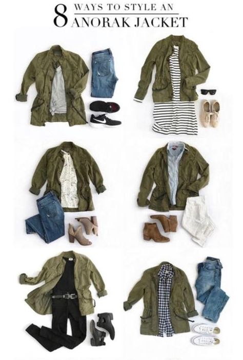 Olive Anorak Jacket Outfits, Army Green Button Up Outfit, Green Outerwear Outfits, Army Green Parka Outfit, Army Green Jacket Outfit Winter, Khaki Jacket Outfit Women Street Styles, Olive Green Raincoat Outfit, Olive Rain Jacket Outfit, Khaki Green Outfits For Women