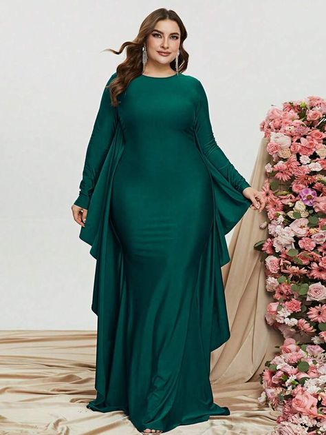 Plus Solid Cloak Sleeve Dress | SHEIN USA Emerald Green Prom Dress Long, Long Sleeve Maxi Dresses, Plus Size Maternity Dresses, Maternity Evening Dress, Maternity Bridesmaid Dresses, Emerald Green Dresses, Evening Dresses With Sleeves, Lace Bridesmaid Dresses, Black Evening Dresses