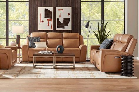 Davidson 5 Pc Leather Dual Power Reclining Living Room Set Leather Couches Living Room, Living Room Recliner, Pc Table, Power Reclining Sofa, Transitional Living Rooms, Rooms To Go, Living Room Sets Furniture, Living Room Set, Caramel Brown