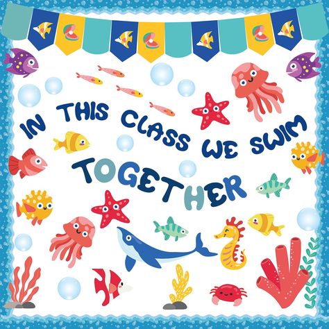 PRICES MAY VARY. Comprehensive Package: The 80 pieces ocean-themed classroom decorations include 7pcs words cutouts"WE SWIM TOGETHER IN THIS CLASS", 26pcs ocean wave paper cutouts,46pcs vibrant ocean themed cutouts featuring various sea animals such as jellyfish, starfish, and coral. This extensive collection ensures you have everything needed to create a captivating underwater scene in your classroom, sparking students' interest in marine life and ocean. Educational and Engaging: These under th Sea Classroom Decorations, Ocean Theme Kindergarten, Under The Sea Classroom, Cool Bulletin Boards, Turtle Classroom, Student Information Form, Bulletin Boards Theme, Coral Ocean, Ocean Classroom