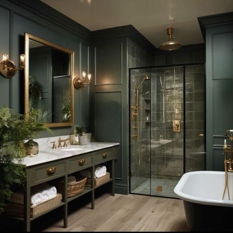 Forest Green Master Bath, Dark Green Aesthetic House Interior, Dark Green Bathroom Color Scheme, Dark Green Aesthetic Home Decor, Army Green Bathroom Ideas, Moody Bathroom With Tub, Green Black And Brown Bathroom, Dark Green Farmhouse Bathroom, Dark Walled Bathroom