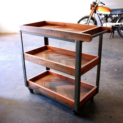 Industrial Bar Cart- Reclaimed Wood Serving Cart- Rustic Modern Loft Furniture- Handmade Serving Tro Industrial Bar Cart, Brass Bar Cart, Industri Modern, Wood Bar Cart, Wooden Cart, Gold Bar Cart, Loft Furniture, Brass Bar, Industrial Bar