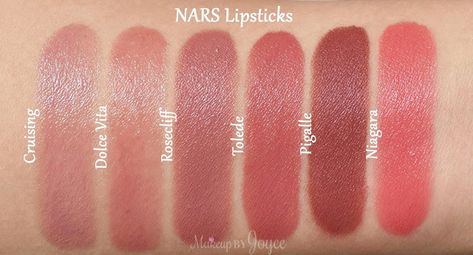 Swatches + Comparisons: By Terry Rouge Terrybly and Nars Sheer, Satin & Semi… Nars Niagara Lipstick, Nars Rosecliff Lipstick, Nars Pigalle Lipstick, Nars Lipstick Swatches, Lip Accessories, Nars Lip, Nars Lipstick, Lipstick For Fair Skin, Lipstick Tutorial