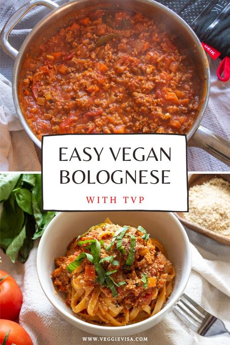 Vegan bolognese sauce in a pan, and plated with pasta, basil, and vegan parm. Bolognaise Recipe, Authentic Bolognese, Tvp Recipes, Pasta Bolognese Recipe, Ella Vegan, Vegan Bolognese Sauce, Homemade Bolognese Sauce, Vegan Sauce Recipes, Vegan Pasta Sauce