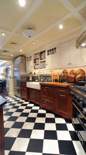 black and white tile - kitchen or bath, or both! Black And White Tile Kitchen Floor Vintage, Black And White Checkered Floor Kitchen Wood Cabinets, Black And White Flooring Kitchen, Checkered Floor Kitchen Retro, Black And White Checkered Floor Kitchen, Checkered Tile Floor Kitchen, Kitchen Checkered Floor, Black And White Tile Kitchen, Checkerboard Floor Kitchen