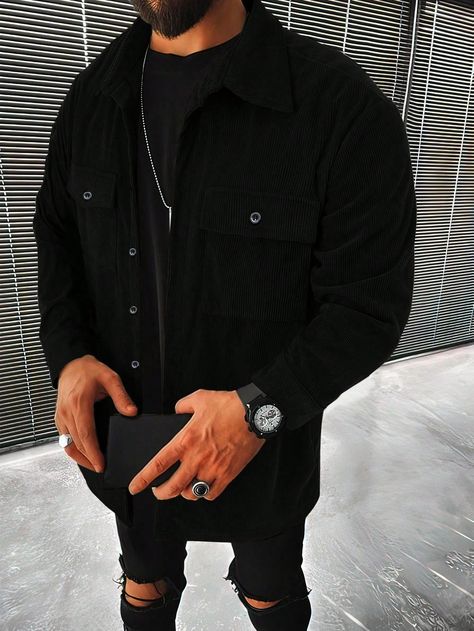 Black Casual Collar Long Sleeve Corduroy Plain  Embellished Non-Stretch  Men Clothing Husband Outfits, Men Date Night Outfit, Corduroy Shacket, Black Outfit Men, Black Jean Jacket, Long Sleeve Outfits, Men's Outfits, Slim Fit Top, Backstreet Boys