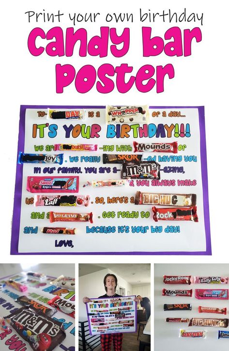 Here's a printable PDF download to make you very own birthday candy bar poster without hardly any effort. Just download and print the birthday poster PDF, buy your candy and attach. Super easy and your son, daughter, husband or wife will thank you later. candy gram | candy poster | birthday candy poster | birthday decorations | kids birthday gift ideas Birthday Candy Poster For Husband, Candy Posters Birthday, Birthday Candy Card Ideas, 50th Birthday Candy Bar Poster, 18th Birthday Candy Poster, 13 Birthday Candy Poster, Turning 80 Candy Poster, Birthday Poster With Candy Bars, 30th Birthday Candy Poster