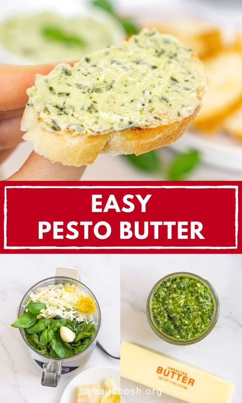 Roasted Garlic Pesto Recipe, Basil Pesto Hummus Recipe, Butter Pesto Pasta, Basil Compound Butter, How To Make Basil Pesto Homemade, Seasoned Butter For Bread, Basil Pesto Bread Recipe, Snacks With Pesto, Dishes With Pesto Sauce