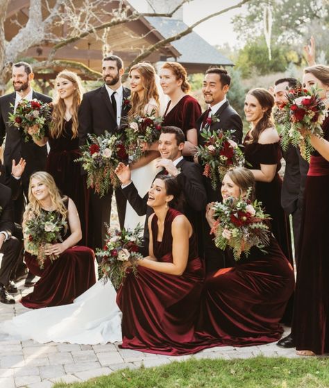 Burgandy Bridesmaids Dresses Fall, Cabernet Wedding Colors Bridesmaid Dress, Winter Bridesmaid Colors, Burgundy Bridesmaid Dresses Velvet, Velvet Burgundy Bridesmaid Dress, Christmas Wedding Party Attire, Cabernet Wedding Colors, Oxblood Wedding, Burgundy Bridal Party