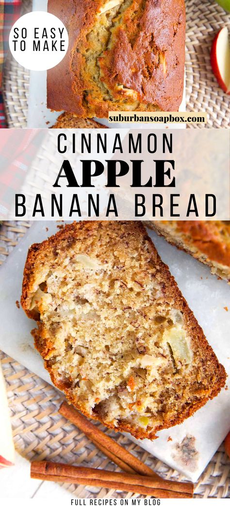 Cinnamon Apple Banana Bread might just be the BEST baked good you make all fall! Moist, sweet banana quick bread is enhanced with warm spices and is speckled with bites of tart Granny Smith Apples. Enjoy it all by itself or warmed with a smear of butter… With bread this scrumptious, there’s no bad way to take a bite! Things To Make With Granny Smith Apples, Banana Bread With Apples, Banana Apple Sauce Bread, Cinnamon Apple Banana Bread, Apple And Banana Bread, Banana And Apple Bread, Different Banana Bread Flavors, Banana Apple Bread Recipe Easy, Granny Smith Apple Recipes Easy Healthy