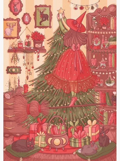 "Christmas Witch, Witchy, Witchcraft, Broom, Cat, Magical, Witchy Art" Greeting Card for Sale by MarigonaSuliArt | Redbubble Christmas Scene Drawing, Witchy Christmas, Christmas Witch, Yule Tree, Witchy Art, Fantasy Wizard, New Year Art, Cat Greeting Cards, Cute Christmas Wallpaper