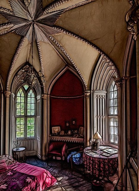 Love this bedroom with Gothic Windows Interior Castle, Castle Interior, Castle Bedroom, Gothic Interior, Gothic Windows, Baroque Decor, Victorian Bedroom, Gothic Castle, Gothic Furniture