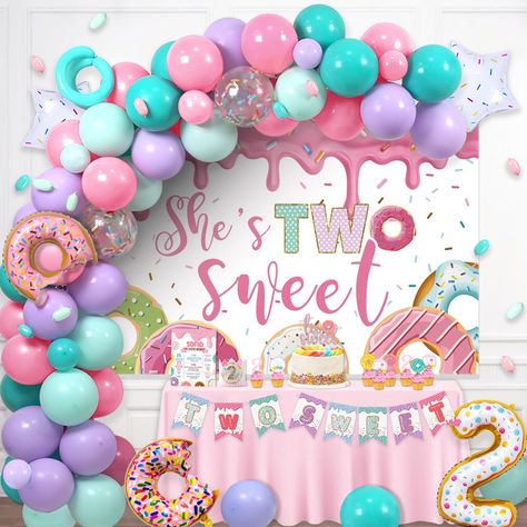 PRICES MAY VARY. 🍩 HAPPY SWEET TWO BIRTHDAY – Your kid is turning about TWO. What could be sweeter than a donut party? Nothing. A donut birthday party is a perfect theme for your sweet girl. This decoration kit features a lot of adorable donut details and pastel colors of pink, purple, blue, and green. Donut miss this gorgeous kit. 🍭 TWO SWEET BIRHTDAY DECORATIONS INCLUDES - 80 x 12’’ latex balloons | 8 x 5’’ latex balloons | 6 x long latex balloons | 5 x foil balloons | 1 x backdrop | 1 x ban Sweet One Birthday Party, Backdrop Balloon Garland, Donut Birthday Party Decorations, Sweet One Birthday, Backdrop Balloon, Baby First Birthday Themes, Girls Birthday Party Themes, Baby Birthday Themes, Donut Birthday Parties