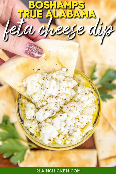 Feta Cheese Dip recipe - spot on copycat of Boshamps True Alabama Feta Cheese Dip appetizer in Destin, FL. Super simple Mediterranean dip made with feta cheese, olive oil, lemon juice, roasted garlic, salt, and black pepper. Serve warm with freshly toasted pita bread. If you love the taste of feta cheese and garlic this gluten-free dip is for you! Feta Cheese Dip Recipes, Bushwacker Recipe, Plain Chicken Recipe, Greek Pita Bread, Feta Cheese Dip, Mediterranean Dip, Greek Chicken Pasta, Greek Pasta Salad Recipe, Tzatziki Recipes