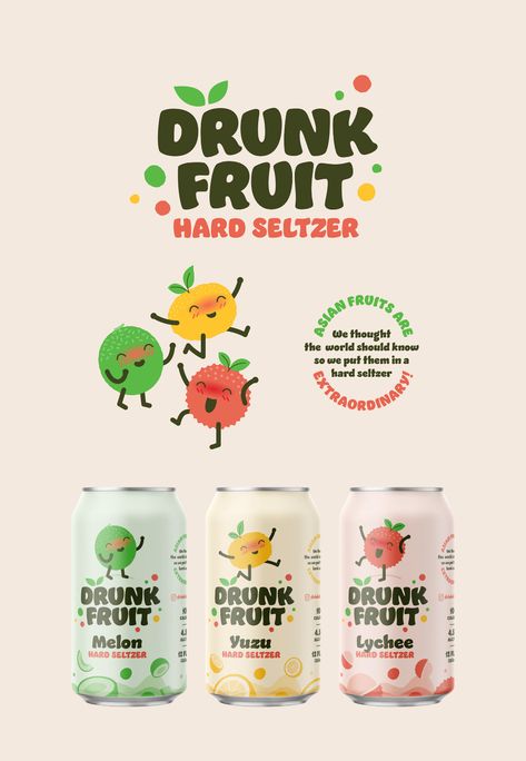 Drunk Fruit Hard Seltzer on Behance Fruit Drink Packaging Design, Beverage Graphic Design, Fruit Drink Packaging, Drink Branding Design, Product Poster Layout, Fruit Logo Branding, Juice Branding Design, Smoothie Branding, Coconut Packaging