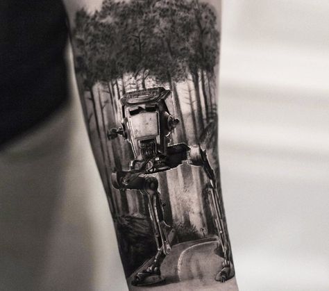 Star Wars tattoo by Bro Studio | Photo 18848 Endor Tattoo, Star Wars Tattoo Sleeve, Nerdy Tattoos, Hyper Realistic Tattoo, Star Wars Imperial, At Rt, Clever Tattoos, Realistic Tattoo, Star Wars Tattoo