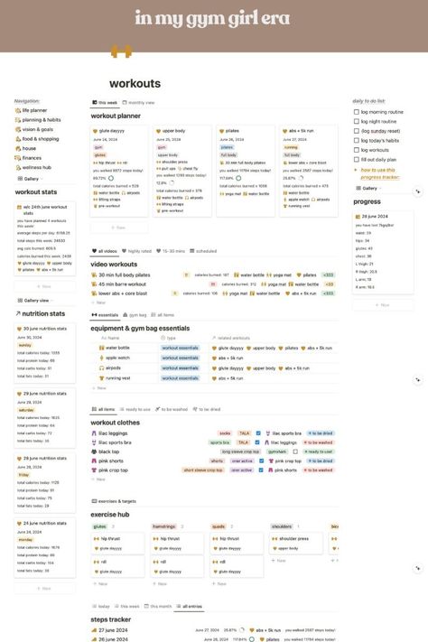 super cute gym/pilates girl era workout planner in notion! Workout Planner Aesthetic, Notion Fitness Tracker, Gym Notion, Gym Journal, Time Organization, Gym Girlie, Exercise Planner, Monthly Workout Plan, Pilates Girl
