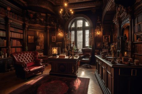 Dark Academia School Interior, Dark Office Aesthetic Vintage, Victorian Mansion Library, Victorian Office Room, Historical Office Interior, Dark Academia Study Space, Dark Victorian Office, Fantasy Study Room Art, Dark Academia Interior Design Office