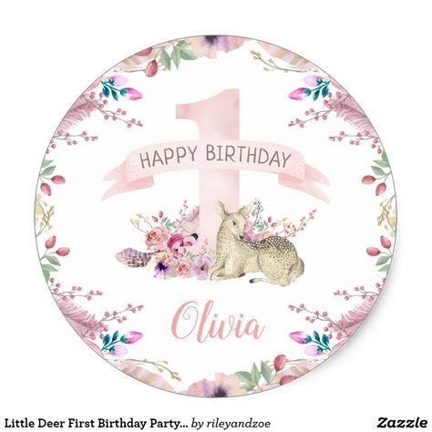 Little Deer First Birthday Party Personalized Classic Round Sticker Affordable custom printed first birthday party stickers with an easy to use template. This elegant design features a sweet pink watercolor number one surrounded by boho flowers and a baby deer. Perfect for a whimsical woodland little girl's first birthday party! ❤ Affiliate ad link.  Fun birthday party invites - customize your invitations or products. #birthdayparty #invites #invitations Deer First Birthday, Happy Birthday Olivia, Forest Birthday, Whimsical Woodland, Birthday Party Invites, Birthday Party Stickers, Party Stickers, Fun Birthday Party, Boho Flowers