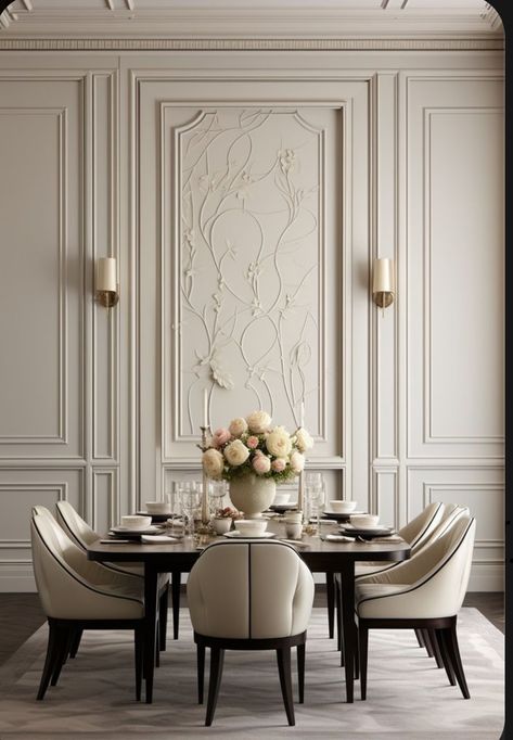 Classical Home Interiors, Dining Back Wall Design, Timeless Elegance Interior Design, Dining Wall Ideas, Colors For Dining Room Walls, Neoclassic Living Room Design, Dining Wall Design, New Classic Dining Room, Elegant Dining Room Luxury