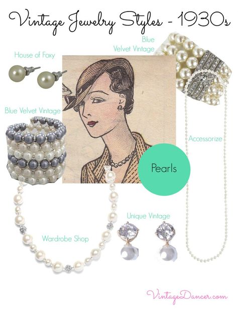 1930s style jewelry - Pearls were not only present in necklaces, but also in brooches – sometimes incorporated with the ‘white on white’ paste style, earrings and bracelets. Pearls really are a timeless jewelry item, and can be worn in so many different ways – perhaps proving way they are still so popular. Shop VintageDancer.com/1930s 1930s Jewelry, Bracelets Pearls, 1930s Style, Sparkle Bracelet, Kay Jewelry, 30s Fashion, Jewelry Styles, Vintage Wardrobe, White On White