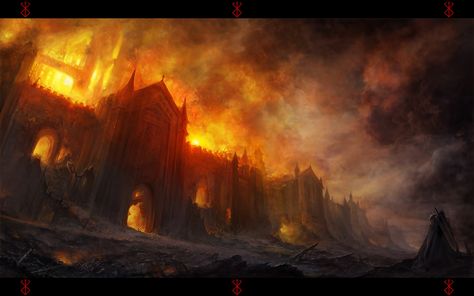 the end of the siege Castle On Fire, Fallen Empire, Burning City, Castle Art, City Background, Fantasy Castle, Matte Painting, Fantasy Warrior, Art And Illustration