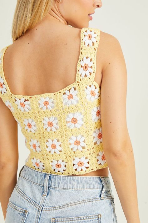 Wildflower Crochet Cropped Tank in Yellow | Altar'd State Wildflower Crochet, Crochet Queen, Mode Crochet, Crochet Tank Top, Crochet Set, Crochet Tank, Crochet Shirt, Crochet Tops, Crochet Crop Top