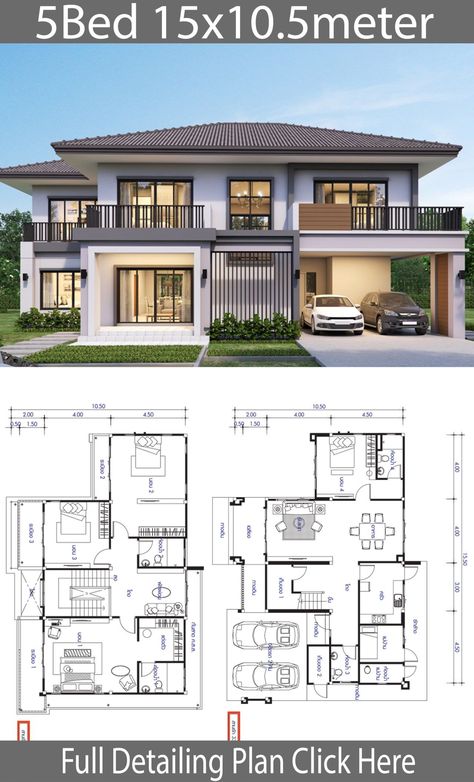 Pin On Casa 4 Habitaciones Villa Tugendhat, 6 Bedroom House Plans, Bedroom Bungalow, Home Designs Exterior, 5 Bedroom House Plans, Pelan Rumah, Modern House Floor Plans, Eksterior Modern, 2 Storey House Design