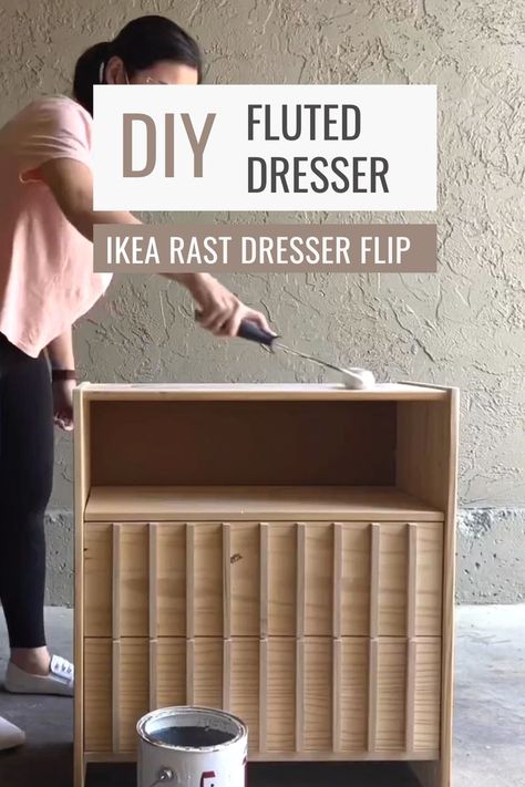 In this IKEA hack, I flipped the Rast dresser by removing the top drawer, built shelves above the second drawer and below the third drawer, gave the remaining two drawers a fluted design and redesigned the legs to give it a more modern look! Ikea Rast Hack Nightstand, Rast Dresser Hack, Fluted Drawers, Ikea Hack Nightstand, Ikea Rast Makeover, Rast Dresser, Dresser Ikea, Ikea Rast Dresser, Ikea Dresser Makeover