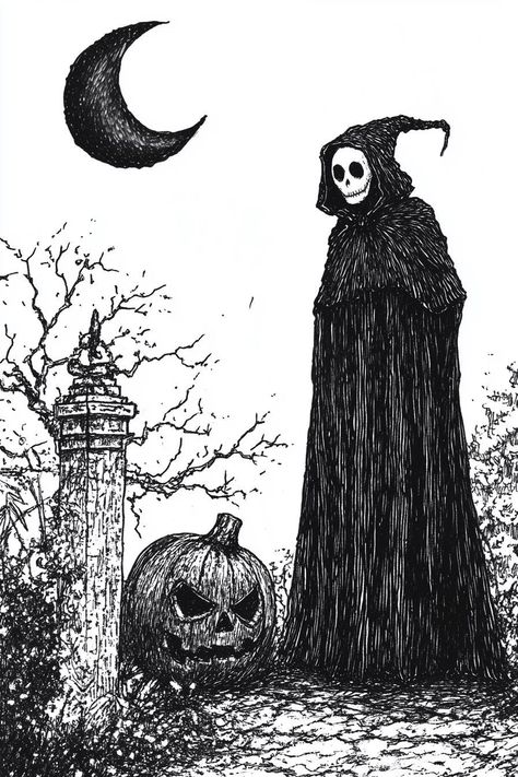 This captivating piece of artwork draws inspiration from the unique and whimsical style of Edward Gorey, perfectly capturing the eerie allure of Halloween. Featuring a ghostly figure cloaked in dark robes, standing in a moonlit graveyard alongside a mischievous pumpkin, this print is both striking and thought-provoking. The intricate details and use of stark contrasts in black and white evoke the essence of traditional gothic art while providing a modern twist that will complement any home decor Spooky Art Nouveau, Gorey Art Style, Black Ink Art Illustrations, Gothic Art Aesthetic, Gothic Sketches, Creepy Silhouette, Graveyard Drawing, Moonlit Graveyard, Gothic Art Style