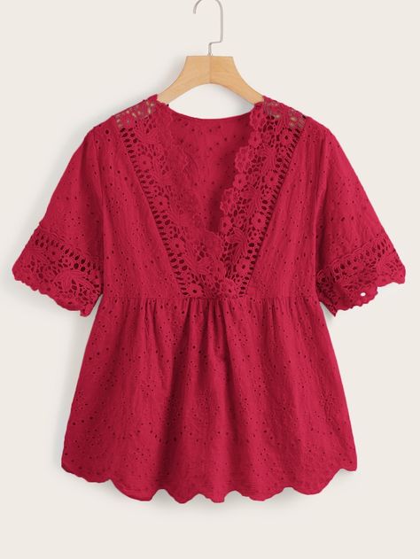 Eyelet Embroidery Scallop Trim Peplum Blouse | SHEIN Fotua Design, Alia Cut, Mesh Tops, Eyelet Embroidery, Fashion Tops Blouse, Scallop Trim, Trendy Fashion Tops, Casual Day Outfits, Quick Outfits