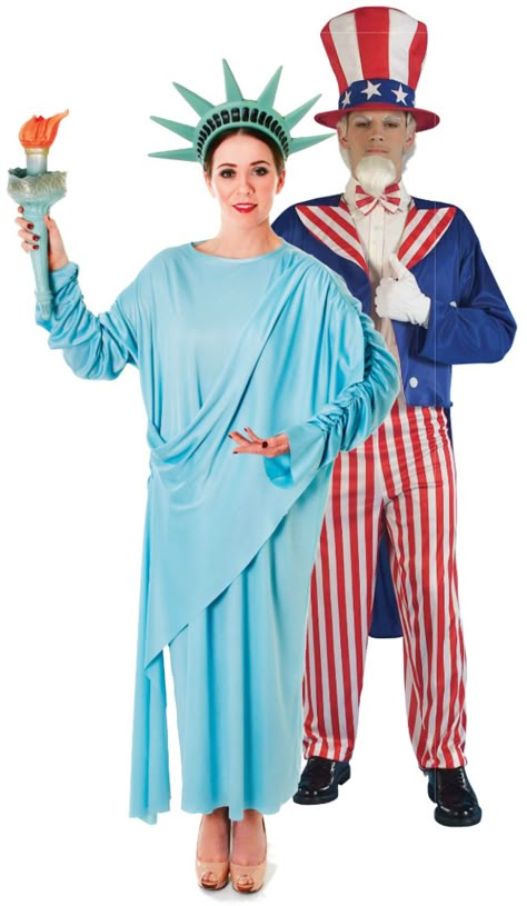 Uncle Sam & Miss Liberty Costumes! Brilliant Couples costumes for the 4th July! Usa Homecoming Theme, American Costume Ideas, Blue Tailcoat, Statue Of Liberty Torch, Statue Of Liberty Costume, Olympics Costume, Couples Fancy Dress, New York Theme Party, Liberty Torch