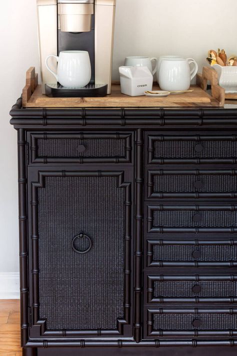 Rattan Painted Furniture, Black Bamboo Furniture, Painted Wicker Dresser, Painted Rattan Furniture, Black Rattan Furniture, Black Coffee Bar, Bamboo Furniture Makeover, Black Wicker Furniture, Ratan Furniture