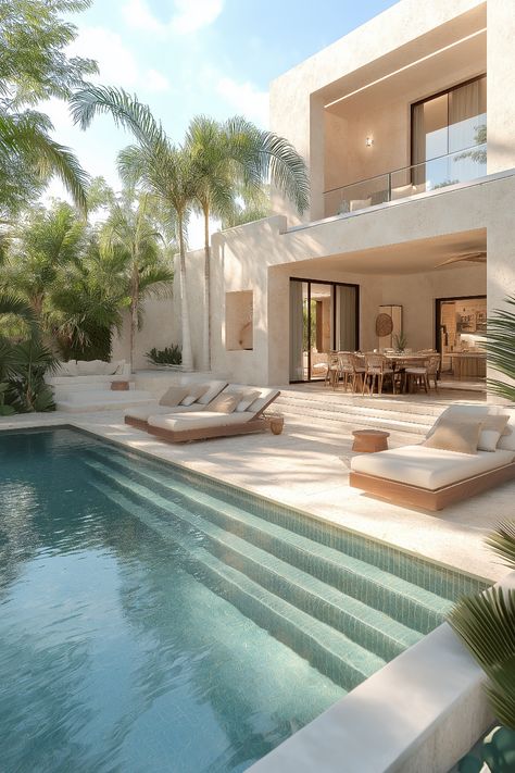 Zen-inspired minimalist villa interior with a harmonious blend of pale blue and beige, featuring clean lines and natural textures. Vila With Pool, House In Portugal, Tropical Mansion Exterior, Tulum Inspired Home, Pool And Spa Design Backyards, Modern Mediterranean Pool, Villa Pool Design, Beach Villa Interior, Bali Beach House