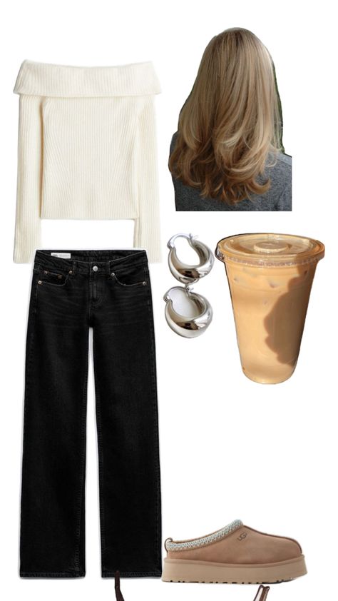 black low rise jeans,white sweater,uggs,blowout,silver hoops Black Low Rise Jeans Outfit, Black Ugg Outfit, Black Low Rise Jeans, Sweater Uggs, Low Rise Jeans Outfit, Outfit Ideas Fall, Jeans Outfit Fall, Black Uggs, Uggs Outfit