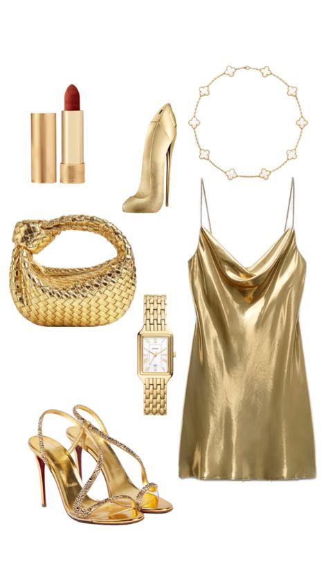 Silky Gold Dress, New Years Miami Outfit, Golden Bachelorette Party, Gold Aesthetic Outfit, Golden Birthday Outfit, Gold Outfit Aesthetic, 2000s Outfit, Miami Outfits, Gold Outfit