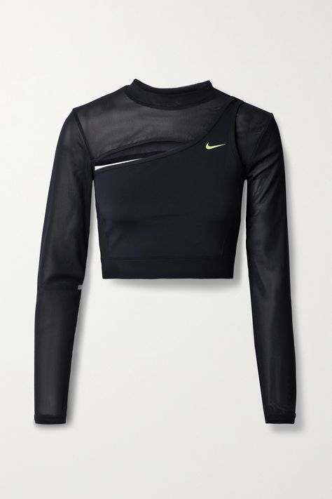 Nike's top is made from stretch-mesh and the brand's Dri-FIT fabric, layered together to create sleek cutouts. Close-fitting and moisture-wicking, it's an ideal choice for high-impact workouts. Fantasy Workout Clothes, Nike Crop Top, Versace Style, Fantasy Style, Practice Outfits, Future Clothes, Athletic Top, Black Stretch, Black Media