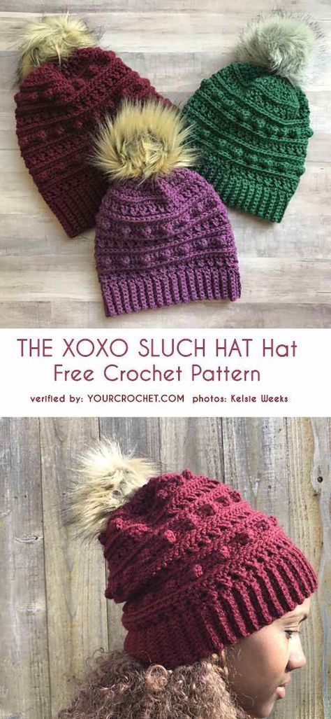 The Xoxo Slouch Hat Free Crochet Pattern | Your Crochet | Bloglovin’ Crochet Bobble Hat, Crochet Pikachu, Hat Free Crochet Pattern, Winter Things, Yarn Patterns, Crochet Kids, Crocheted Hats, Crochet Hat Free, Bonnet Crochet